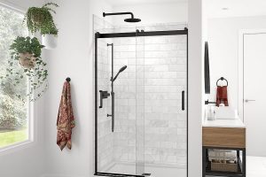 Black matte frame with rain shower and white tile