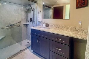 Tub to shower conversion with new vanity installed